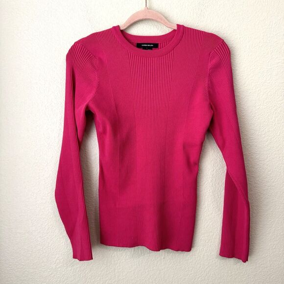 Karen Millen Tops - Karen Millen Sweater Womens Large Pink Ribbed Pullover Crew Neck
